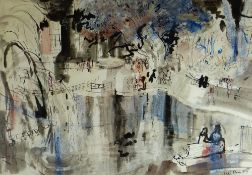 LESLIE MOORE mixed media - busy park scene with figures, fountain & grand building, signed & dated