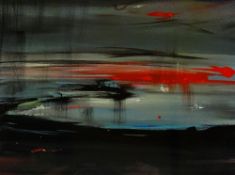 ELIN HUWS believed acrylic on card - nocturnal coastline, signed verso, 14 x 19cms