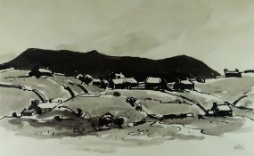 SIR KYFFIN WILLIAMS RA inkwash - cluster of houses amongst hills with mountain beyond, signed with