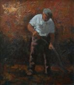 ANEURIN JONES oil on board - gent with sleeves rolled up gardening with spade, signed, 34 x 30cms