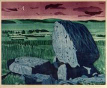 JOHN BRUNSDON limited edition (1/150) colour etching - Gower landscape with neolithic standing