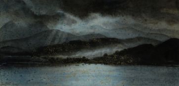 JOHN PETTS watercolour - the Menai Straits with Bangor Pier, Bangor town & mountains beyond,