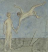 HARRY HOLLAND pencil & watercolour - a standing figure with acrobat, unsigned, 25 x 23cms