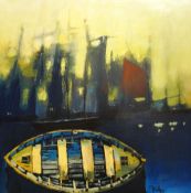 PAUL MARTINEZ FRIAS oil on canvas in box frame - harbour scene with distant cranes & boat in