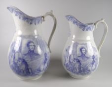 A PAIR OF LLANELLY POTTERY PURPLE TRANSFER COMMEMORATIVE JUGS with sides printed pictorial