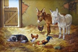 DONNA CRAWSHAW oil on canvas - various farm animals in a stable including two donkeys & a sheep dog,