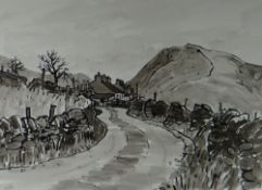 SIR KYFFIN WILLIAMS RA ink wash - Snowdonia village with dry stone walls & mountain, entitled