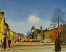 GRAHAM BROOKS watercolour - Cardiff Castle & shops at night, entitled verso 'Cardiff Castle,