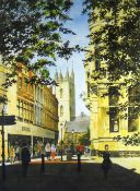 GRAHAM BROOKS watercolour - Cardiff street scene with St John's church & Howells department store
