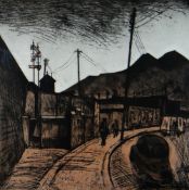 GEORGE CHAPMAN artist's proof etching - street scene with railway signals, three-wheeler car &