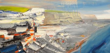 RICHARD O'CONNELL oil on canvas - Bristol Channel coastal scene with surrealism aspect entitled