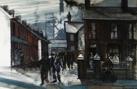 ELWYN THOMAS mixed media - South Wales colliery town scene with figures leaving the works at