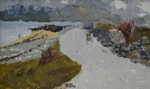 GWILYM PRICHARD oil on board - coastal scene, Penmon, Anglesey with two figures on a track, signed
