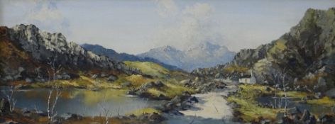 CHARLES WYATT WARREN oil on board - Snowdon with cottage, lake & silver birch trees, signed, 29 x