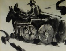 JOSEF HERMAN inkwash - figure on cart drawn by two mules, 17 x 22cms