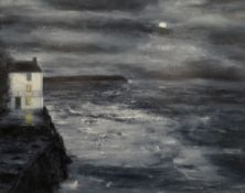 PETER JOHN JONES acrylic on canvas - Dylan Thomas' Boat House in Laugharne at night with the moonlit
