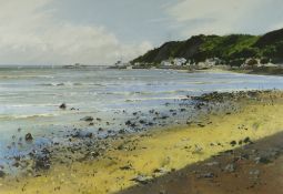 JONATHAN TAYLOR pastel - the shoreline of the Mumbles, Swansea with pier, signed, 40 x 56cms