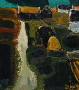 DONALD McINTYRE oil on board - early work, landscape with cottages, entitled on Ash Barn label verso