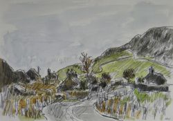 SIR KYFFIN WILLIAMS RA pencil & watercolour - Snowdonia landscape with lane towards cottages,