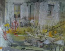 RAY HOWARD JONES mixed media - the garden & porch with mug on windowsill of her Pembrokeshire home
