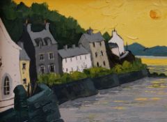 WYNNE JENKINS oil on canvas - West Wales coastal scene with chapel & houses in the sun, entitled