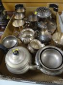 Box of various electroplate, rose bowl, teaware etc