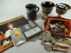 A vintage purse containing coinage & bank notes, an Ewenny pottery mug & a pair of Eisteddfod