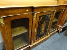 A good antique walnut and marquetry breakfront-credenza, composed of flanking glazed side cabinets &