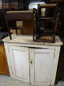 A painted two-door cupboard (distressed), a piano stool, rush seated stool etc