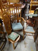 A farmhouse slat back elbow chair, a small embroidered bedroom chair & a spinning chair together