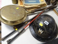 A WWII warden's helmet, a silver mounted riding crop etc