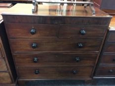 An antique mahogany chest of three long & two short drawers with turned handles, 109cms wide