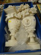 A trio of alabaster antique floral vases in sections