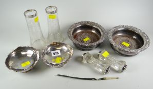 Two hallmarked silver bon bon dishes, silver ended knife rests, two EPNS bottle coasters etc