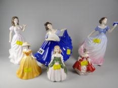 Five Royal Doulton figurines & a Coalport similar