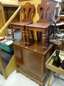 A pair of mahogany shield-back hall chairs & a reproduction cabinet