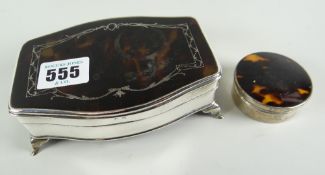 A good silver & tortoiseshell footed jewellery box and a silver & tortoiseshell pill box