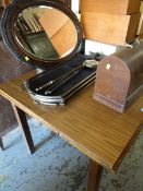 Vintage Formica table, oval mirror, companion set & firescreen
