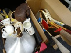 A quantity of old tennis & badminton rackets together with a boxing glove & a box of household