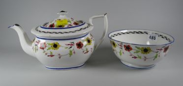 A nineteenth century porcelain floral painted teapot & sugar basin (possibly Newhall) numbered
