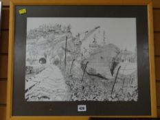 A framed TOM HUTCHINSON print of Barry Docks with a Milford Haven cargo ship, signed & dated 1981