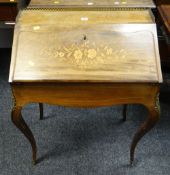 An antique marquetry walnut ladies writing desk with ormolu decorative mounts & gallery, 65cms wide