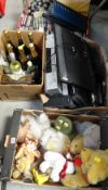 Box of old bottles, vinyl records & CDs, TV accessories & soft toys etc