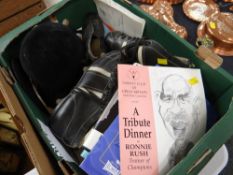 A parcel of sporting collectables including old football boots, riding hat, programmes &