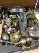 A box of electroplate & pewter etc