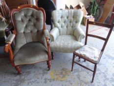 An antique button back elbow chair, a small upholstered armchair & another
