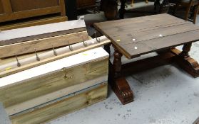 Mixed wood chest, coat rack & shelf together with a coffee table