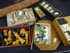 Parcel of vintage items including shell-work box, a box of carved chess pieces, an Isle of Man