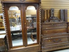 A vintage continental two-door mirrored wardrobe with base drawer & similar marble topped bedside