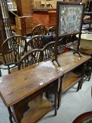 Two vintage oak side tables together with a small firescreen